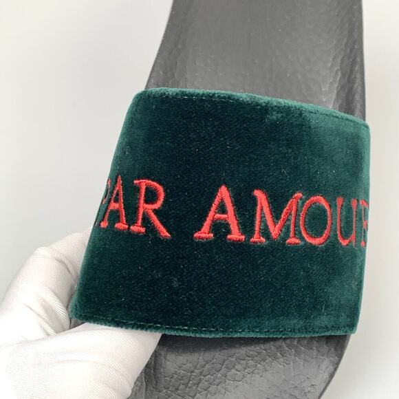 NIB Gucci Pursuit Embroidered Velvet Pool Slide Sandal, Black In Green Size 37 - Picture 10 of 14